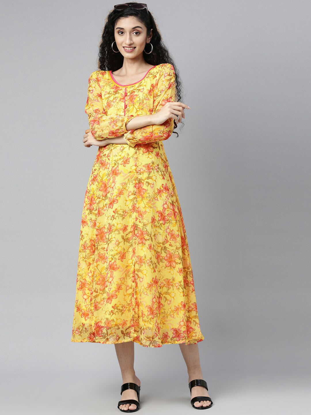 Souchii Floral Chiffon A-Line Midi Dress - Distacart