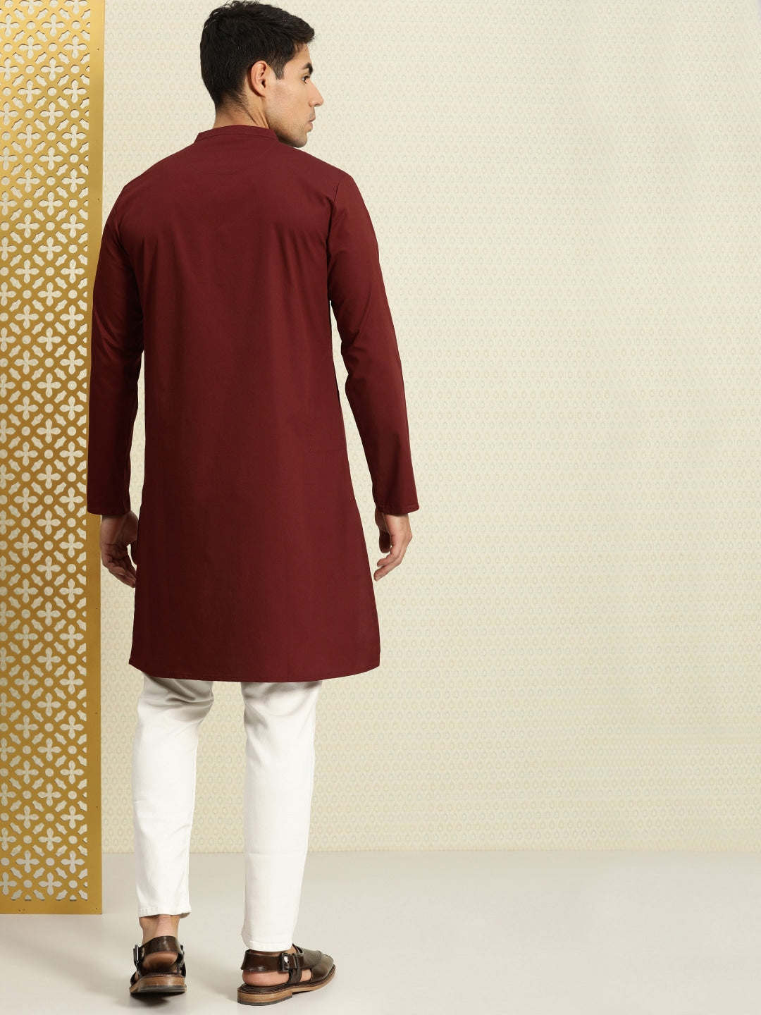 House of Pataudi Men Maroon Solid Straight Kurta
