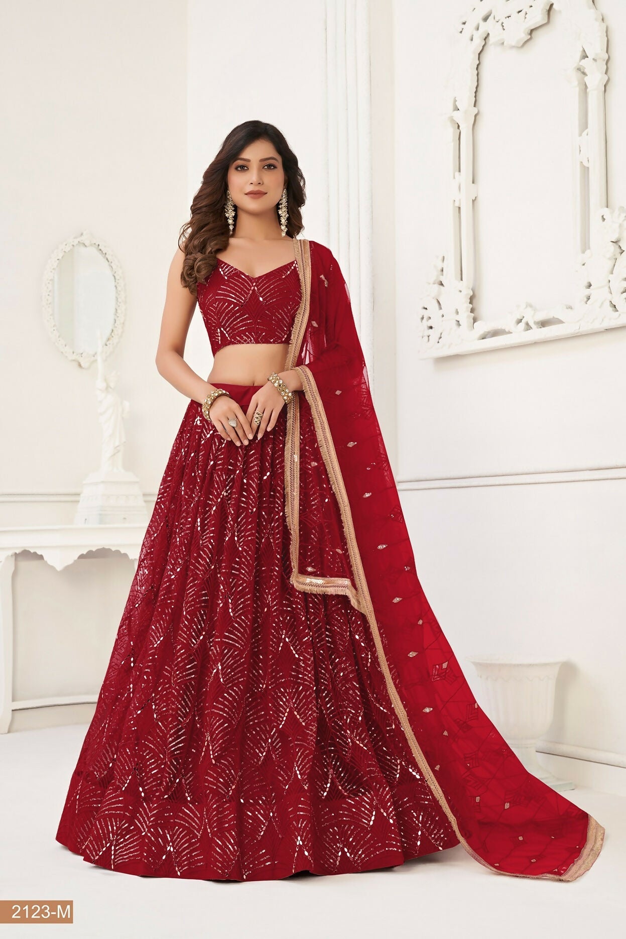 Eilara Maroon Thread Sequin Embroidered Net Lehenga Set