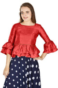 Aastha Fashion Women's Red Art Silk Bell Sleeves attire with Poly Cotton Lining Blouse