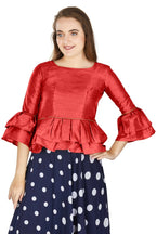 Aastha Fashion Women's Red Art Silk Bell Sleeves attire with Poly Cotton Lining Blouse