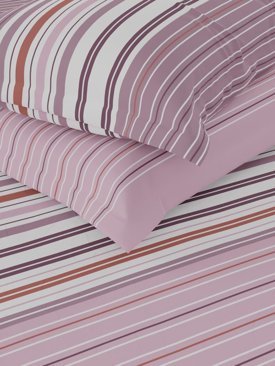 Nautica Bradford Pink & White Striped Cotton 160 TC King Bedsheet with 2 Pillow Covers