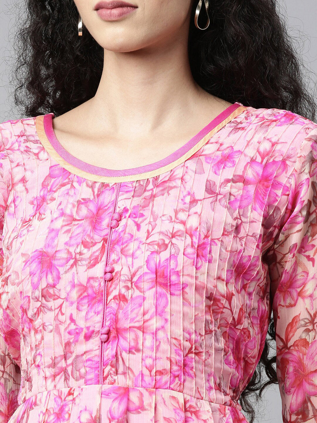 Souchii Beautiful Pink & peaches N Cream Floral Layered Chiffon Midi Dress - Distacart