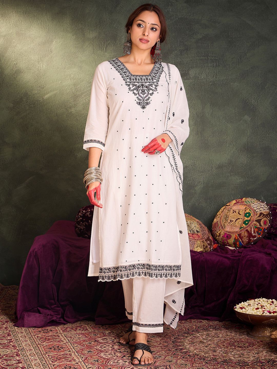 Indo Era Floral Embroidered Thread Work Pure Cotton Kurta With Trousers & Dupatta - Distacart