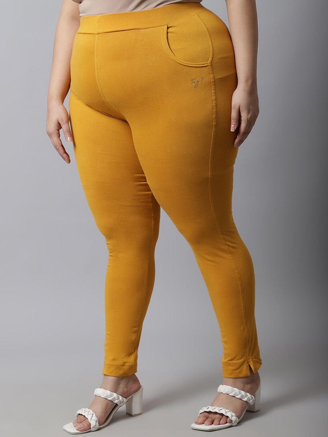TAG 7 Women Plus Size Mustard Solid Leggings