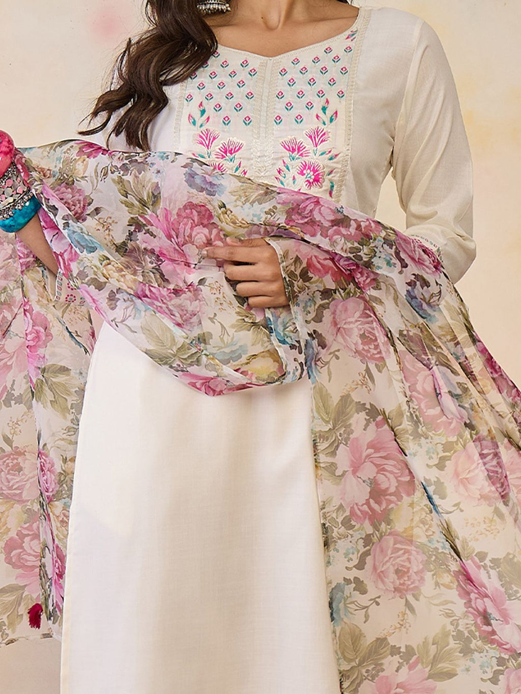 Indo Era Women Floral Yoke Design Regular Thread Work Pure Cotton Kurta with Trousers & With Dupatta - Distacart