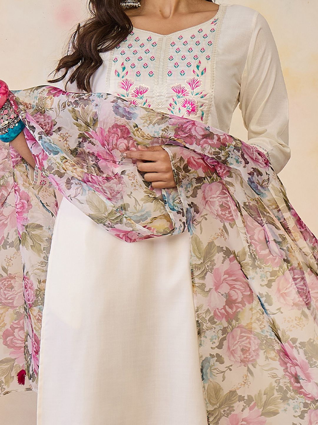 Indo Era Women Floral Yoke Design Regular Thread Work Pure Cotton Kurta with Trousers & With Dupatta - Distacart
