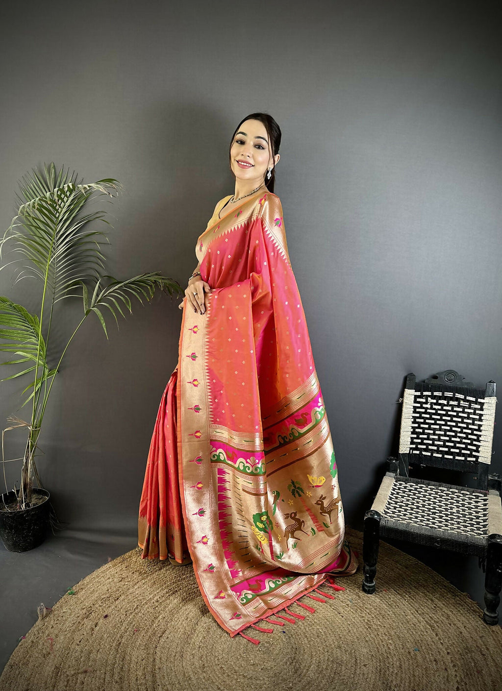 Joban Fashion Rose Pink Peacock & Floral Motifs Soft Lichi Silk Kanchipuram Saree - Distacart