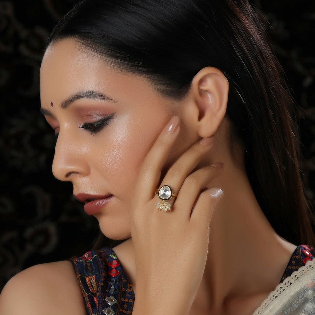 Kundan Ring with Pearls (Gold) - Ruby Raang