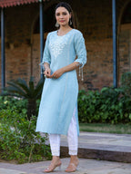 Juniper Women's Blue Sheer Sucker Embroidered Straight Kurta - Distacart