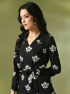 Myshka Women's Black Printed Polo Collar Party Top With Trousers Co-ord set