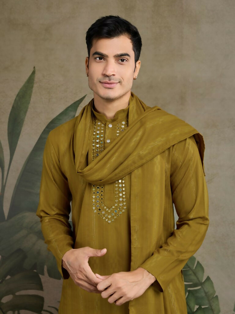 Vastranavya Rust Yellow Exclusive Viscose Rayon Festival Wear Real Mirror Work Kurta with Dupatta