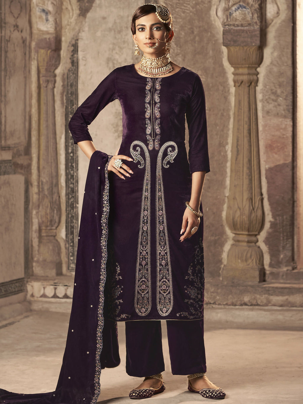 Jyoti Fashion Women's Wine Velvet Floral Resham Thread with Jari work Kurta with Trouser & Dupatta