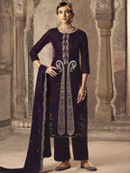Jyoti Fashion Women's Wine Velvet Floral Resham Thread with Jari work Kurta with Trouser & Dupatta