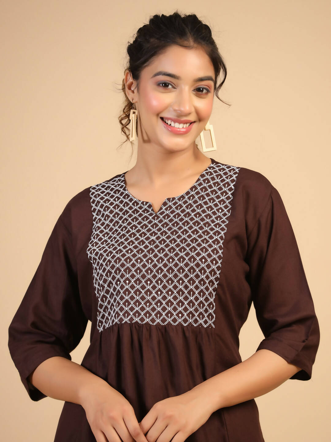 Womens Brown Rayon Yoke Embroidered Top - Keeva