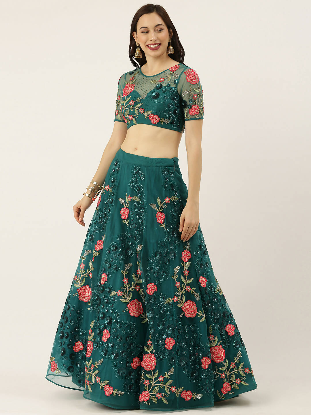 House of Panchhi Teal Net Semi stitched Coding, Sequins and Saroski Stone Work Lehenga Choli