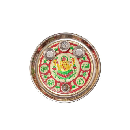 Tied Ribbons Red & Green Printed Pooja Thali With Attached Incense Diya Tilak Holder