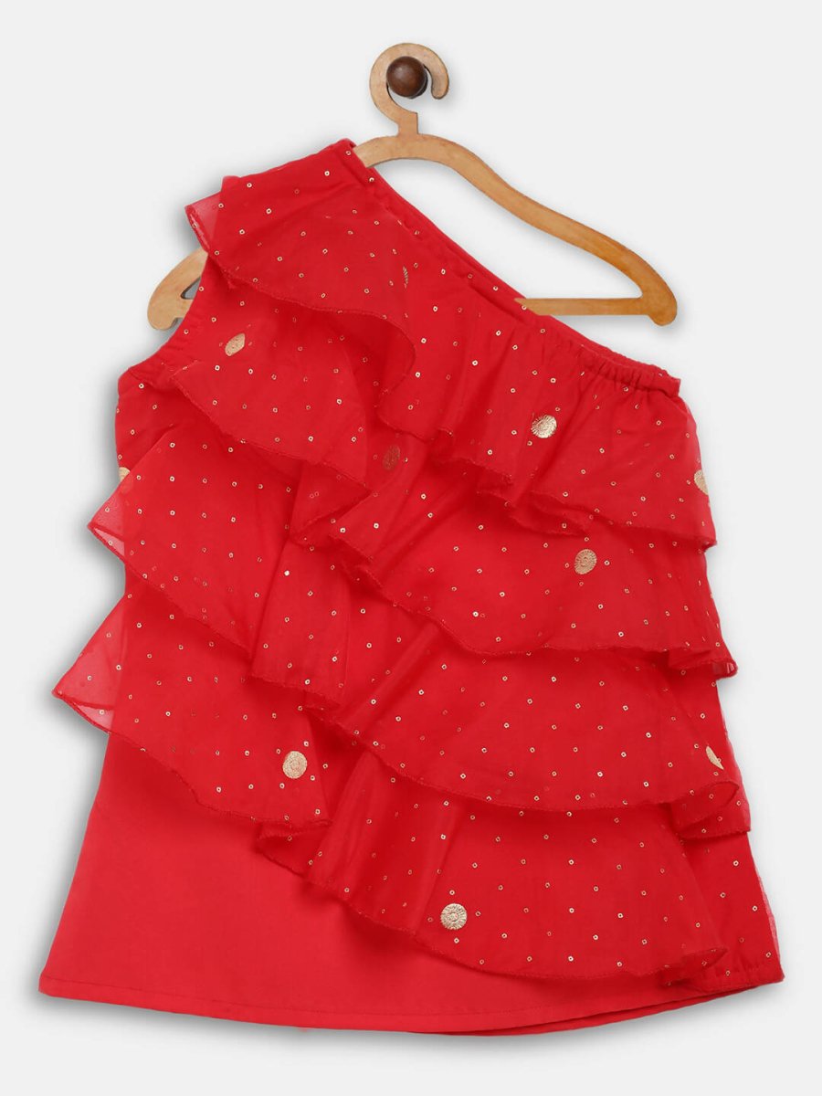Ahalyaa Red Georgette Ruffel Kids Top With Bottom For Girls