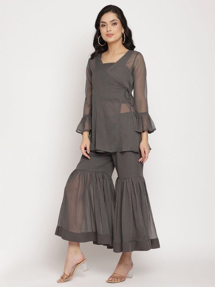 Ahalyaa Women Charcoal Grey Poly Chiffon Angrakha Kurta with Inner & Sharara - Distacart