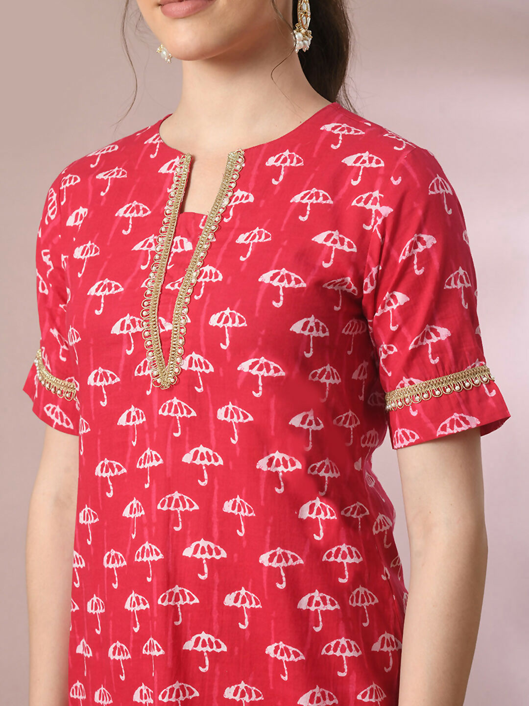 Myshka Women's Pink Printed Cotton Straight Party Kurta Set With Dupatta
