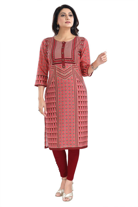 Snehal Creations Tomato Designer Print Cotton Slub Long Kurti Tunic