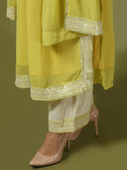 Myshka Women's Yellow Solid Georgette Anarkali Party Kurta Set With Dupatta