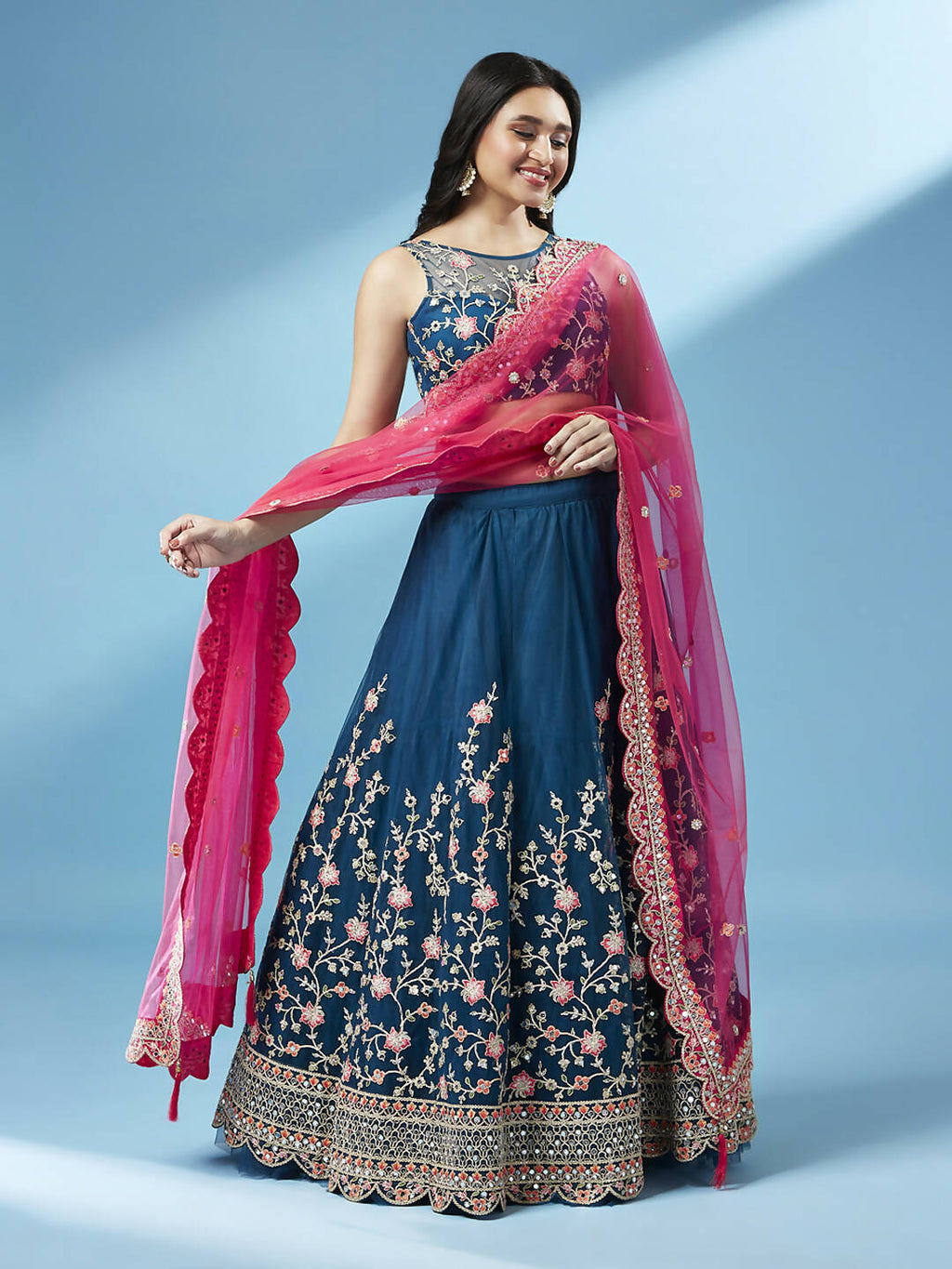 House of Panchhi Teal Net Semi stitched Coding and Mirror Work Lehenga Choli