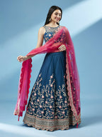 House of Panchhi Teal Net Semi stitched Coding and Mirror Work Lehenga Choli