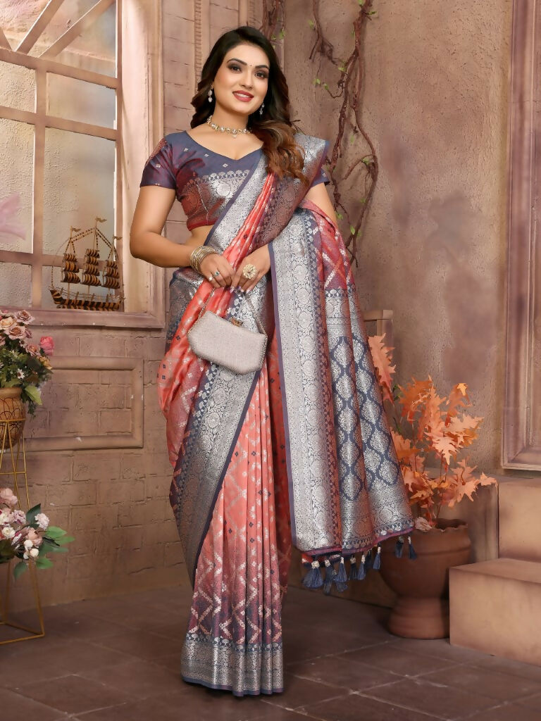 Anaita Peach kochi Silk With Beautiful Checks Weaving Saree With Blouse