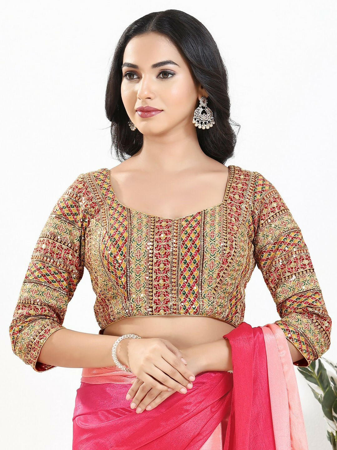Joban Fashion Pink Multi Silk Padded Blouse With Sweetheart Neck 3/4 Sleeves - Distacart