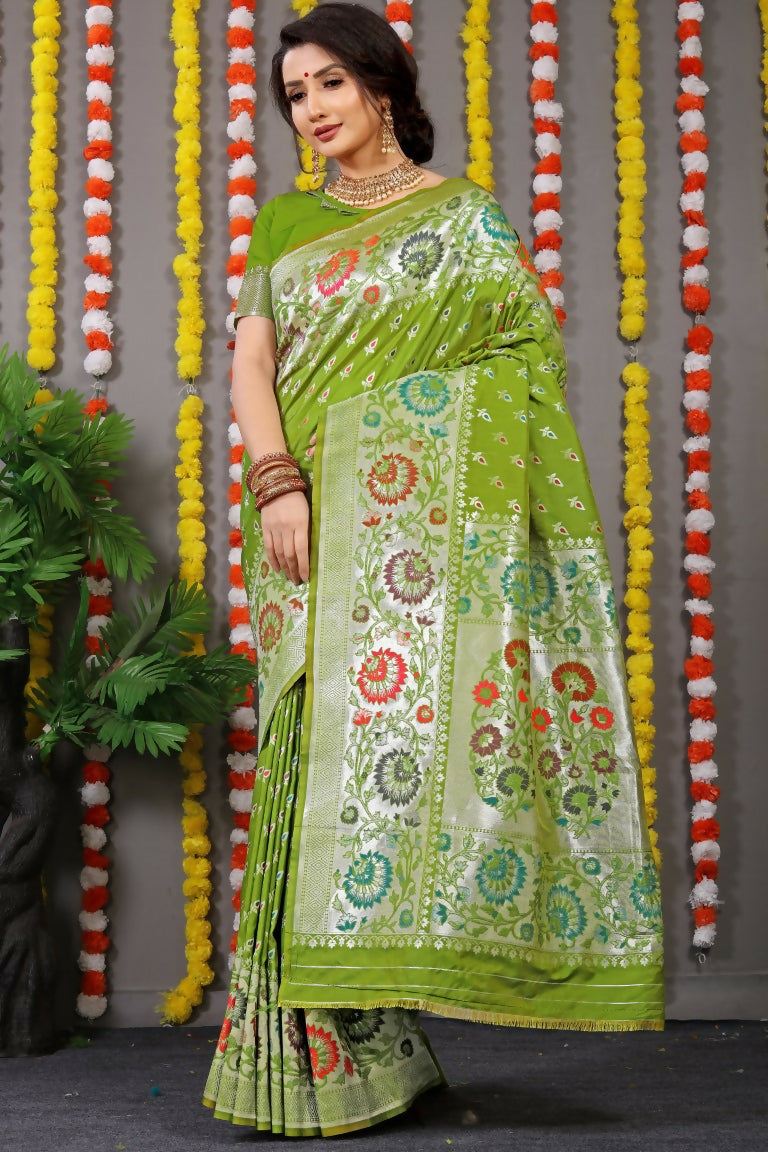 Jyoti Fashion Women's Green Banarasi Silk Zari Woven Saree with Blouse
