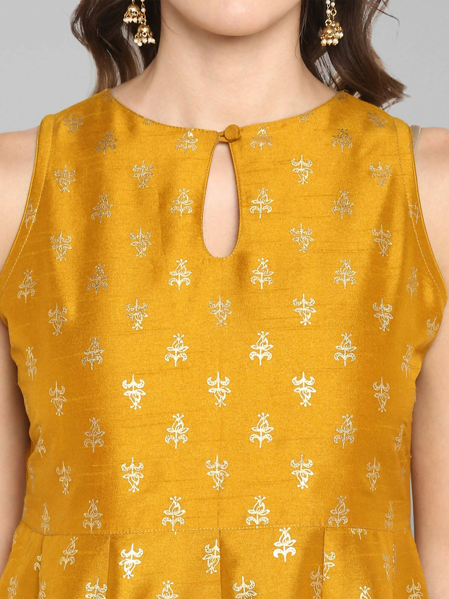 Janasya Women's Mustard Rayon Foil Print Kurti With Palazzo - Distacart