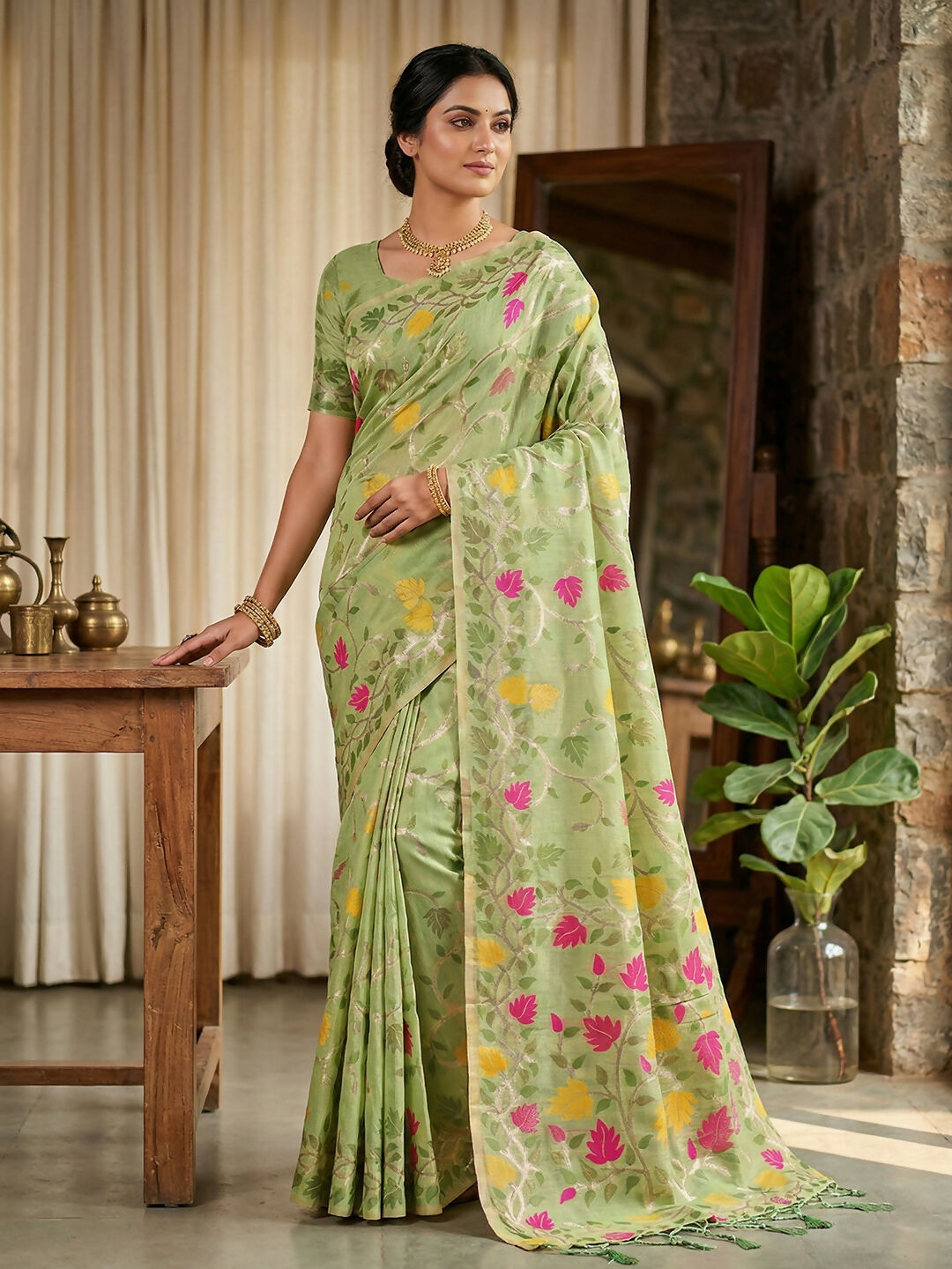 Shree Shyam Fashion Green Linen Cotton Saree - Distacart