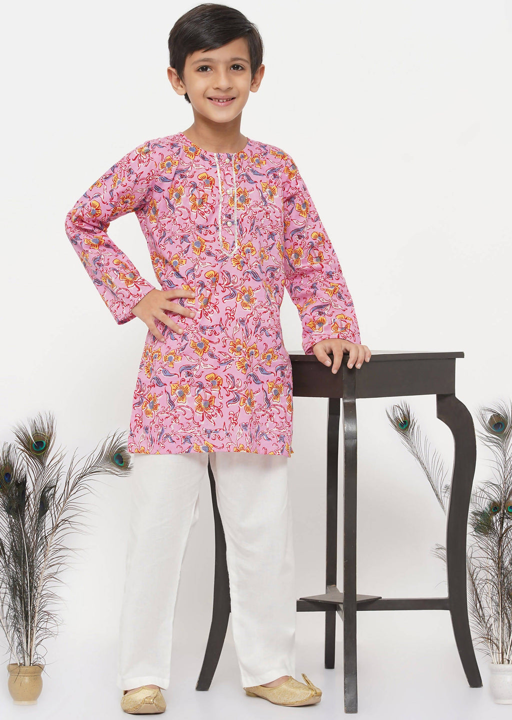 Little Bansi Boys Cotton Block Print Floral Kurta with Pearl Buttons & Pyjama in Pink & Cream