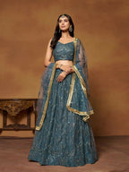 Blue Butterfly Soft Net Embroidery With Real Mirror Work Lehenga Choli - Jihu Culture