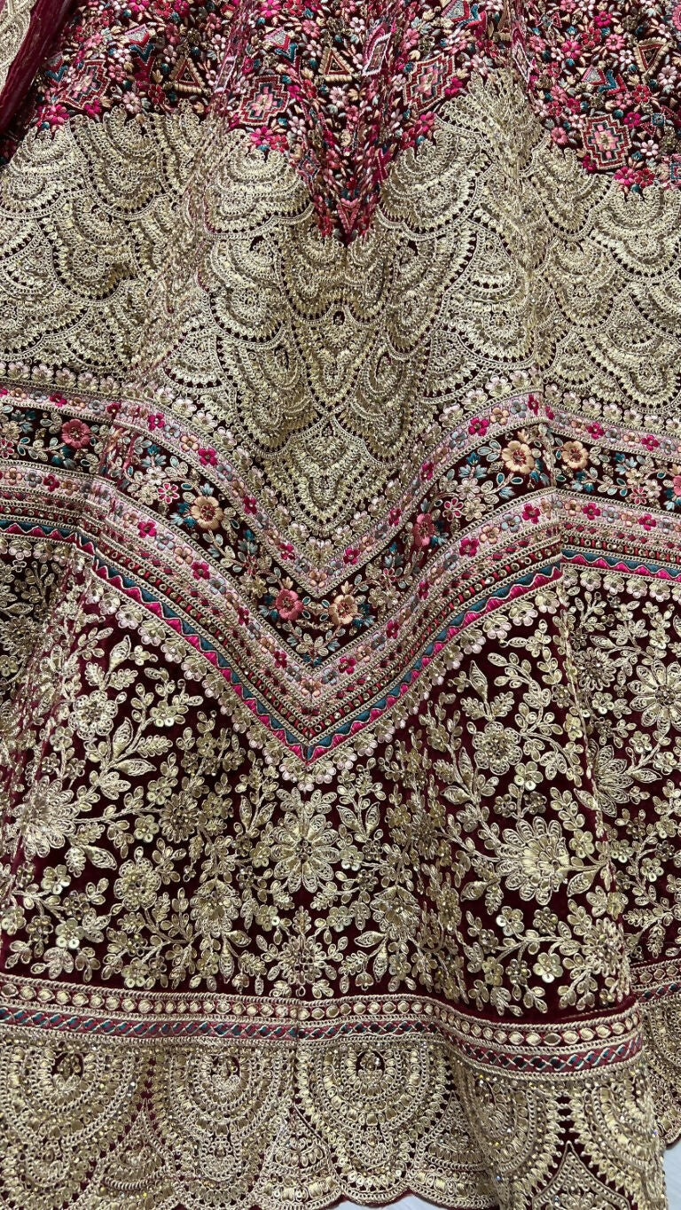 Jyoti Fashion Women's Maroon Velvet Fancy Dori & Sequins Multi Thread Embroidered with Diamond Work Wedding Lehenga Choli