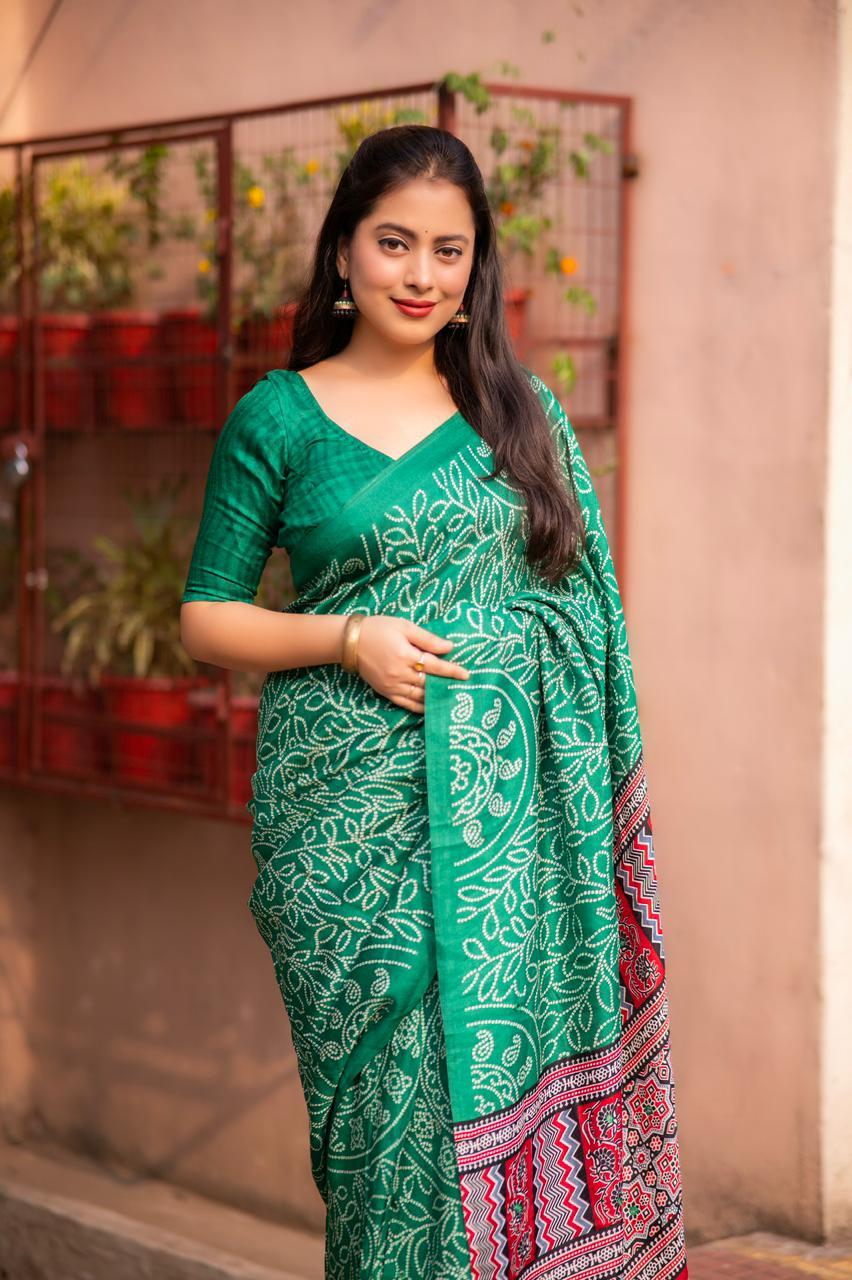 Green Silk Blend Ajrak Saree with Unstitched Blouse - A2M