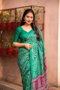 Green Silk Blend Ajrak Saree with Unstitched Blouse - A2M