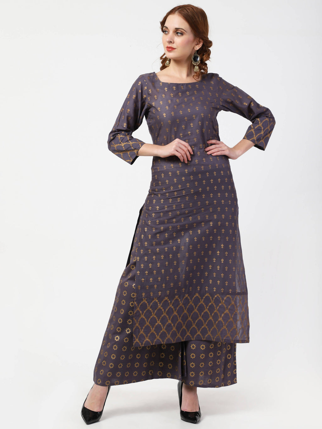 Cheera Printed Gray Kurta Palazzo Set (CH103KP)