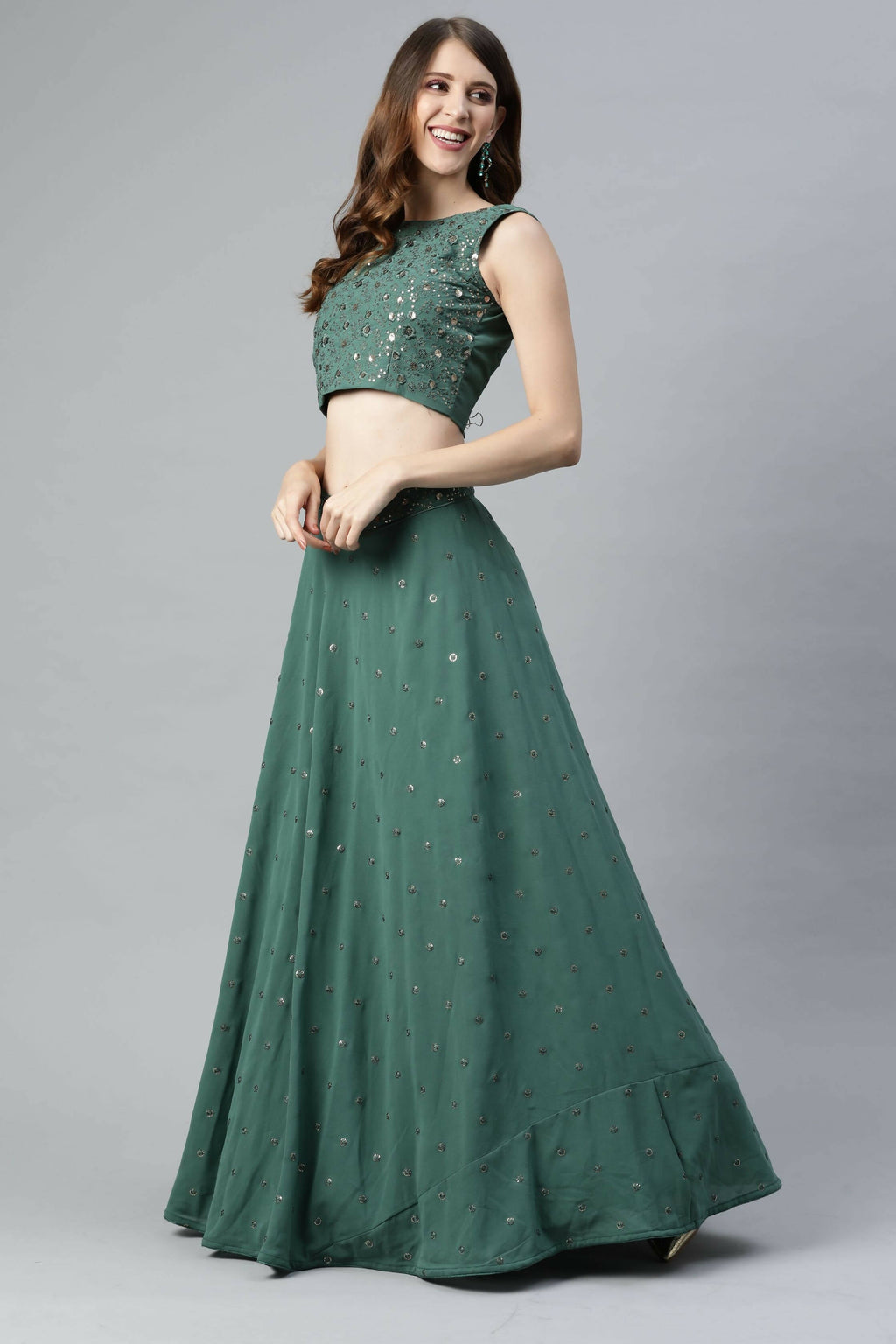 Pista Georgette Sequins Embroidery Work Lehenga Choli with Dupatta - Jivika