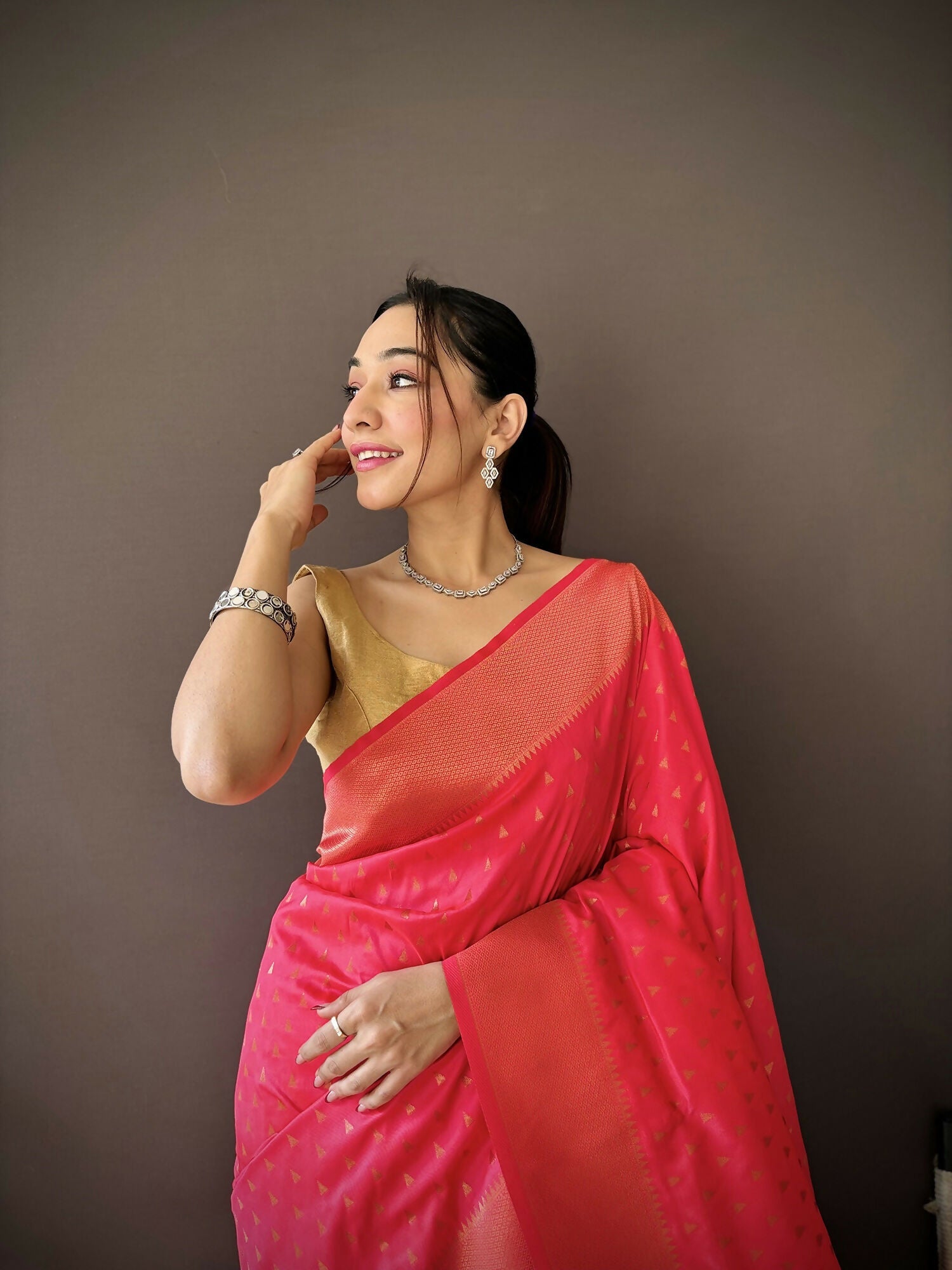 Joban Fashion Hot Pink Jacquard Butti Soft Lichi Silk Paithani Saree - Distacart