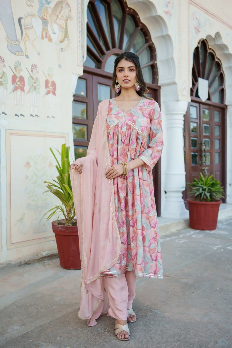 Vaasva Women Peach Muslin Embroidered Kurta, Pant & Dupatta Set
