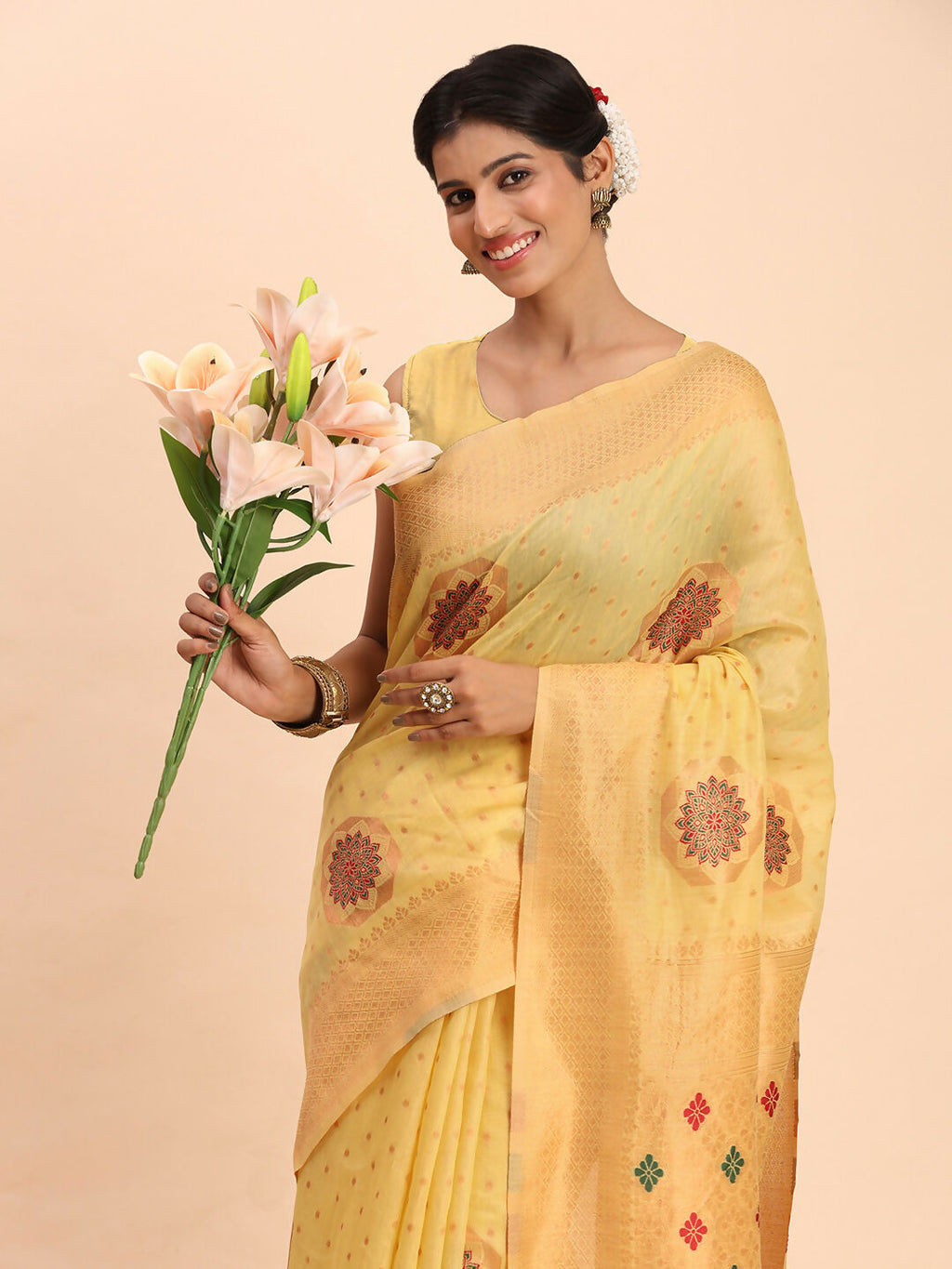 Shree Shyam Fashion Linen Cotton Yellow Saree - Distacart