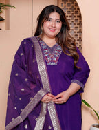 Miravan Women's Plus Size Purple Muslin Straight kurta and palazzo with dupatta Suit set - Distacart