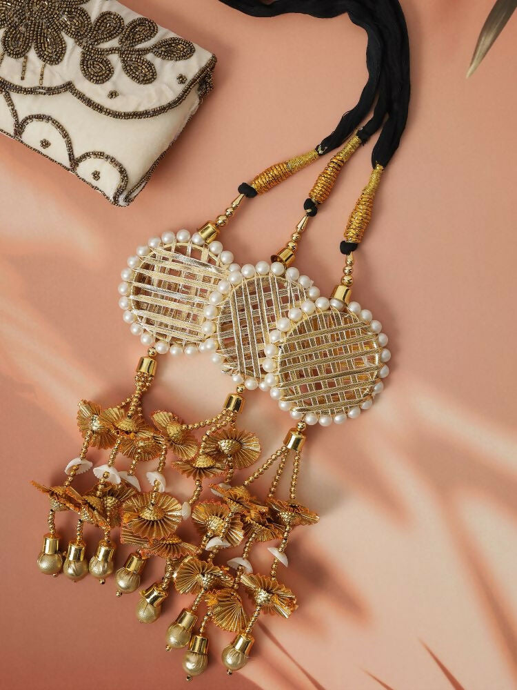 Ruby Raang Gold Gota Pati Work And Threads With Pearls And Black Thread And Mirrors - Distacart