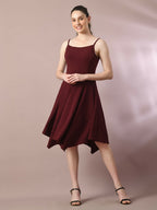 Myshka Women's Maroon Solid Shoulder Straps Fit and Flare Party Dress - Distacart