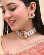 VOJ Gold-Polished Pearl And Pink Stone Choker with Earrings Set