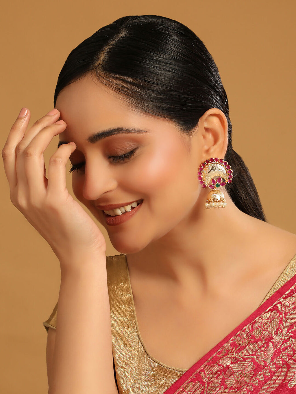 Nuyug 22K Gold Plated Ruby & Pearl Studded Dome Shaped Jhumkas - Distacart