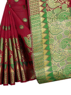 Vamika Banarasi Jaquard Red Weaving Saree With Green Blouse
