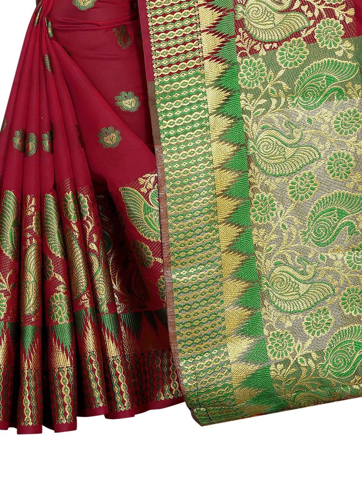 Vamika Banarasi Jaquard Red Weaving Saree With Green Blouse